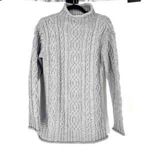 Aran Mor Ireland Grey Cable Knit Mock Neck 100% Merino Wool Sweater Medium